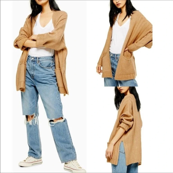TopShop Long Cardigan Sweater Tan Brown Knit NWT - Picture 1 of 7